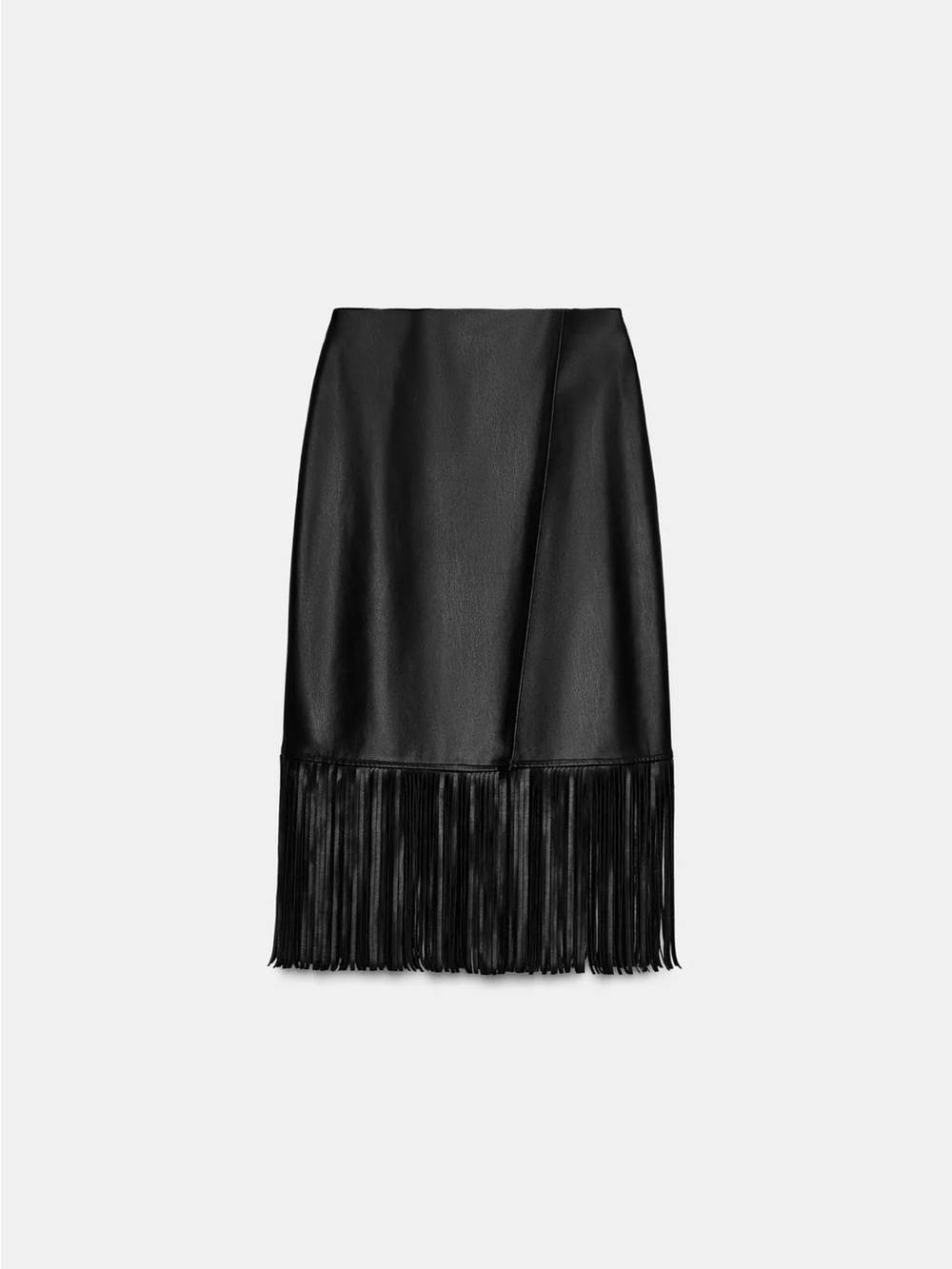 Zara Black Faux Leather Midi Skirt with Fringe Hem